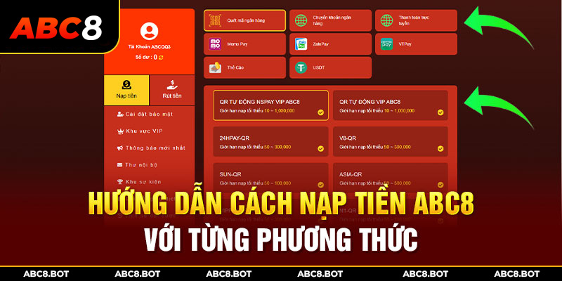 Hướng dẫn cách nạp tiền ABC8 với từng phương thức